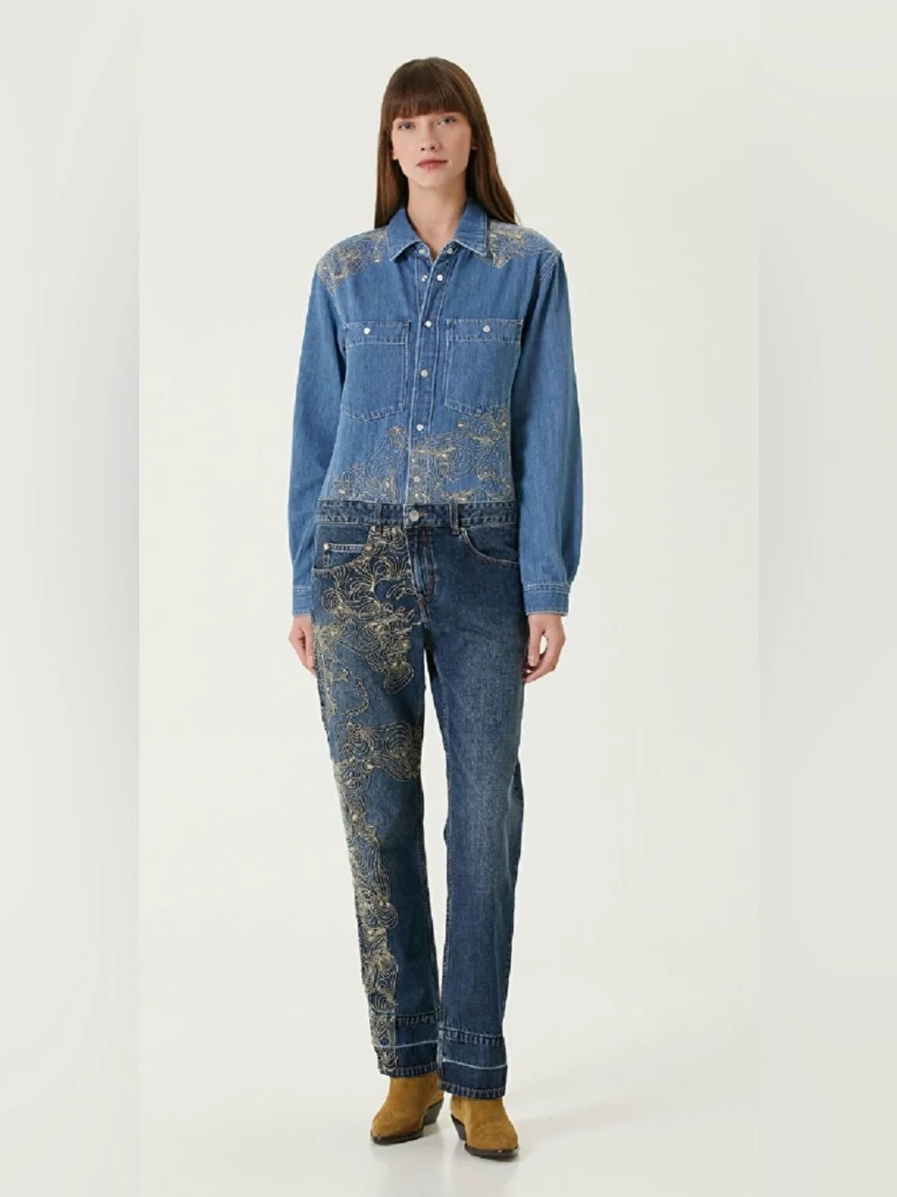Isabel Marant Imane Embroidered Denim Jumpsuit Size FR 34 (US 2) - Picture 2 of 16